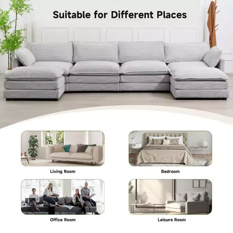 147" 6-teiliges modernes Cord-Sofa mit doppelten Ottomanen