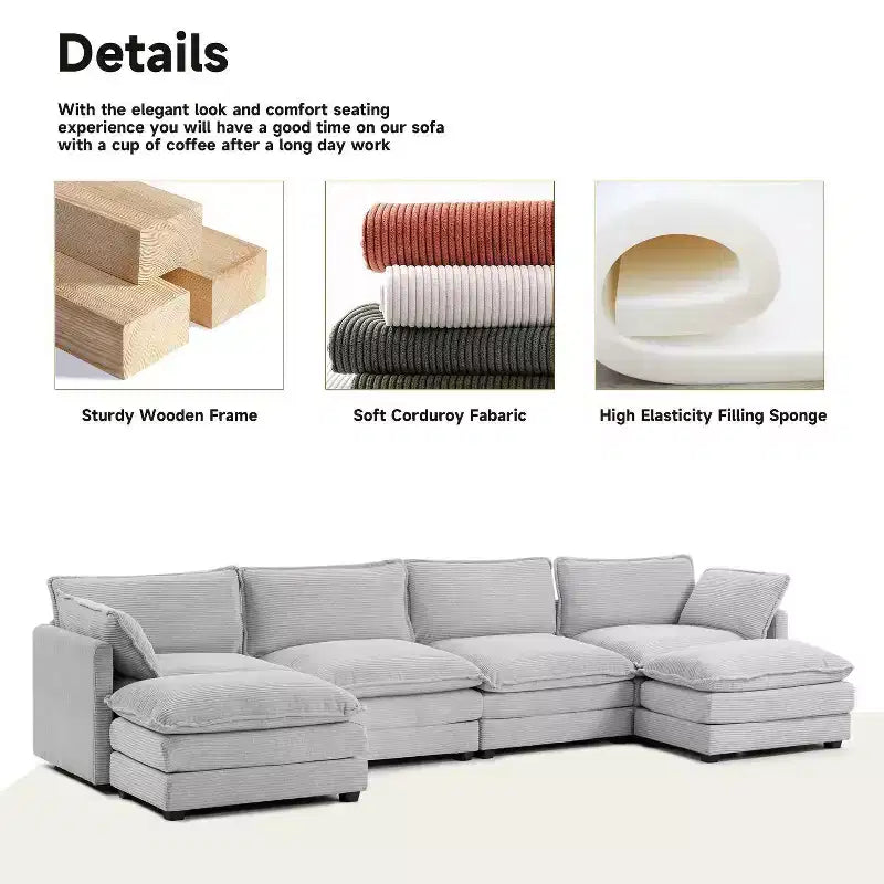 147" 6-teiliges modernes Cord-Sofa mit doppelten Ottomanen