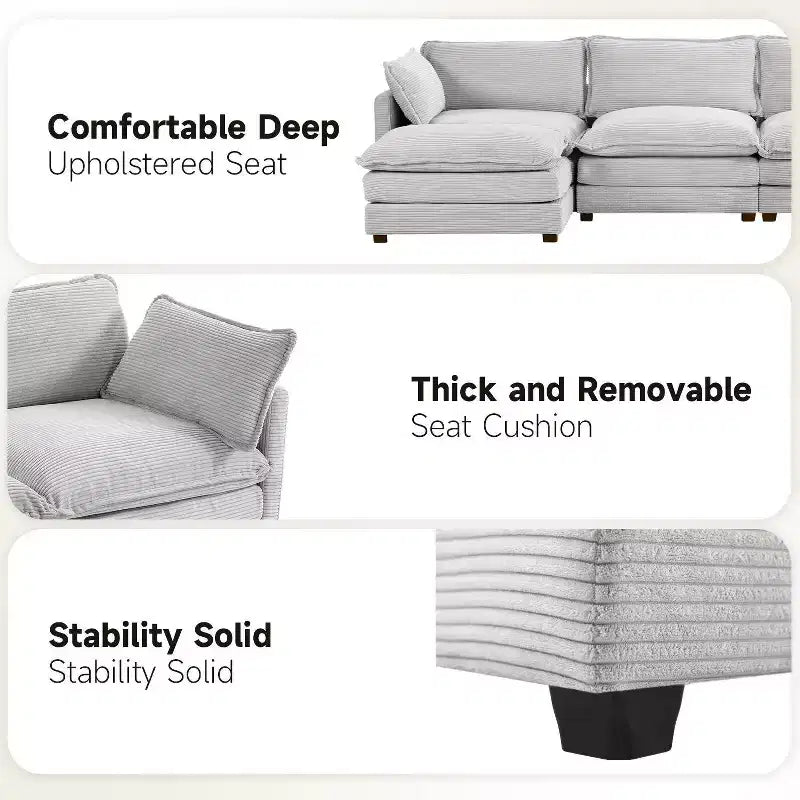 147" 6-teiliges modernes Cord-Sofa mit doppelten Ottomanen