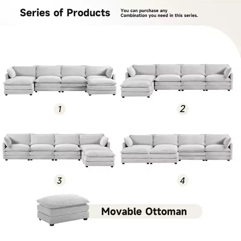 147" 6-teiliges modernes Cord-Sofa mit doppelten Ottomanen