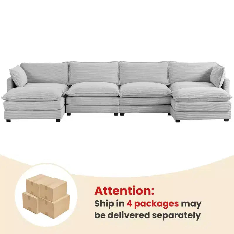 147" 6-teiliges modernes Cord-Sofa mit doppelten Ottomanen