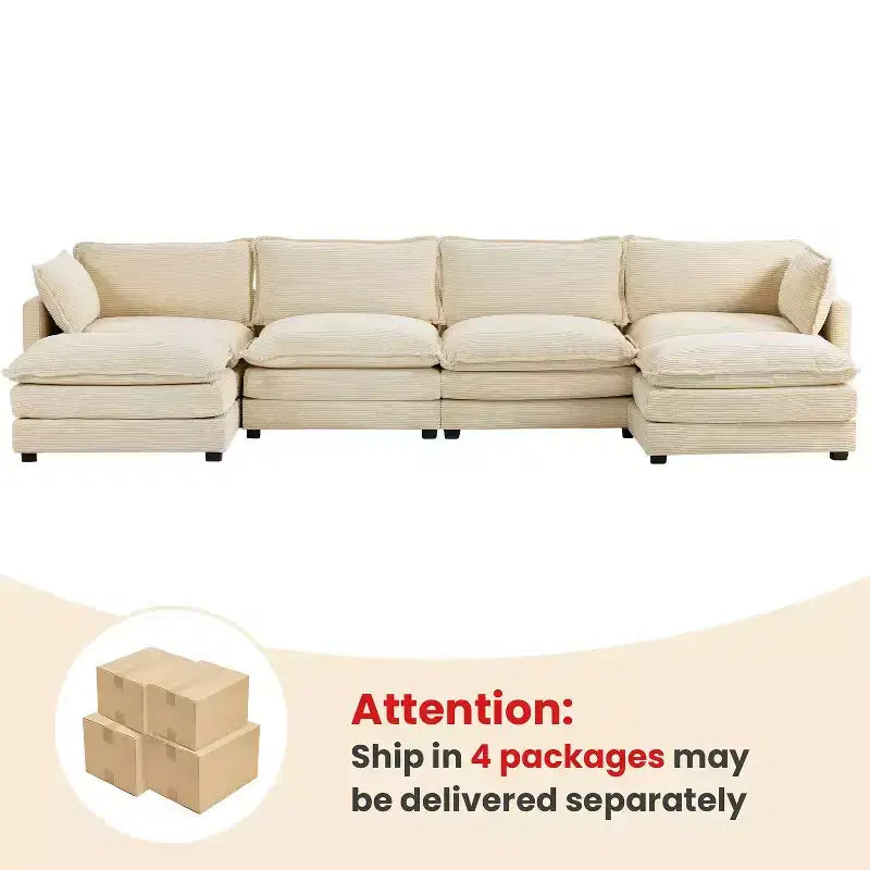 147" 6-teiliges modernes Cord-Sofa mit doppelten Ottomanen