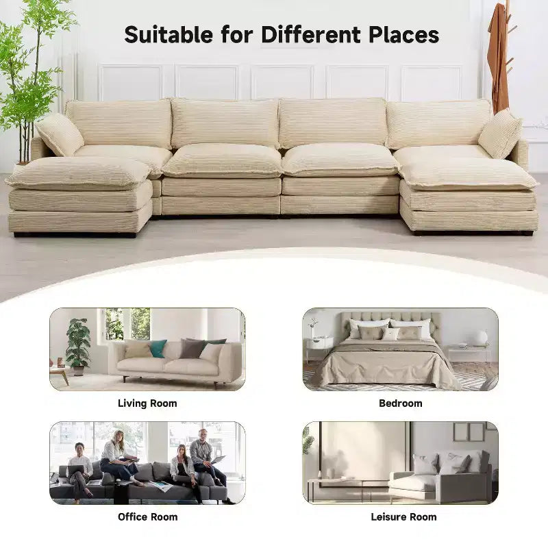147" 6-teiliges modernes Cord-Sofa mit doppelten Ottomanen