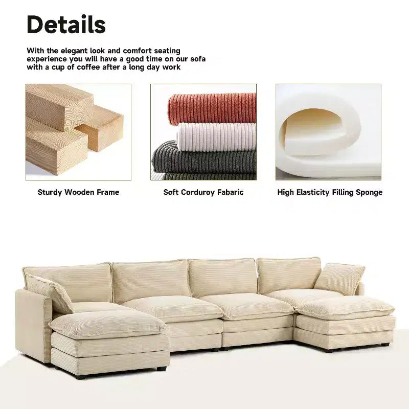 147" 6-teiliges modernes Cord-Sofa mit doppelten Ottomanen