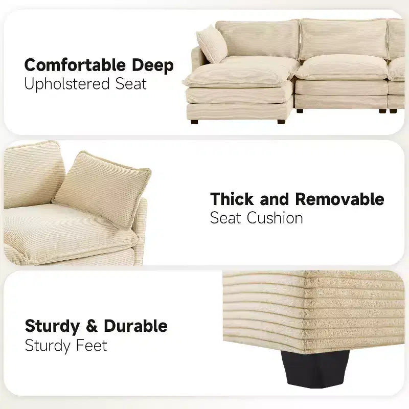 147" 6-teiliges modernes Cord-Sofa mit doppelten Ottomanen
