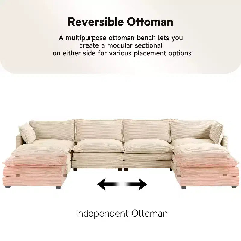 147" 6-teiliges modernes Cord-Sofa mit doppelten Ottomanen