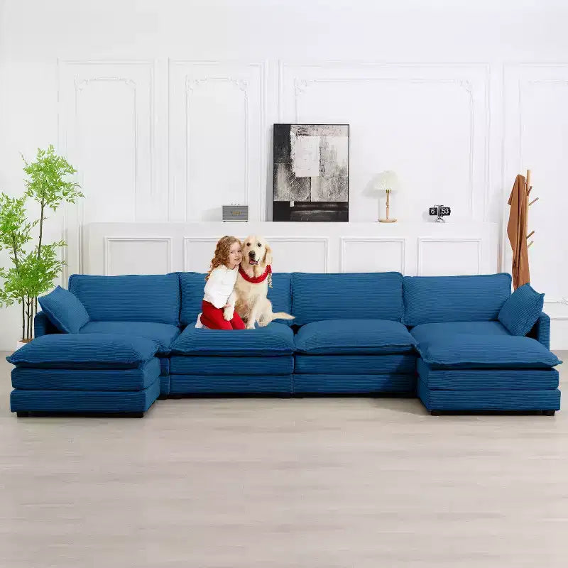 147" 6-teiliges modernes Cord-Sofa mit doppelten Ottomanen