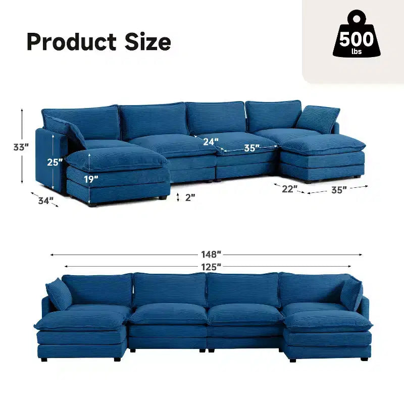 147" 6-teiliges modernes Cord-Sofa mit doppelten Ottomanen