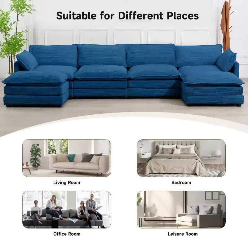 147" 6-teiliges modernes Cord-Sofa mit doppelten Ottomanen