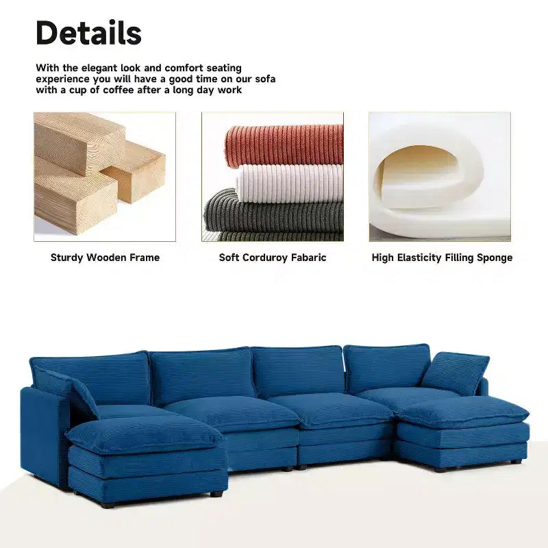 147" 6-teiliges modernes Cord-Sofa mit doppelten Ottomanen