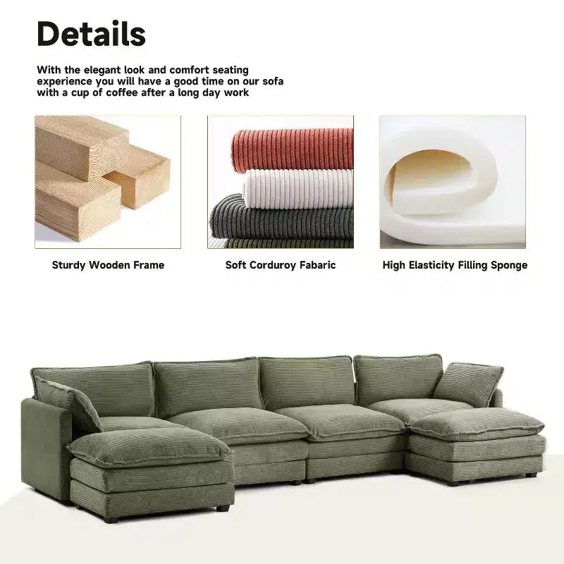 147" 6-teiliges modernes Cord-Sofa mit doppelten Ottomanen