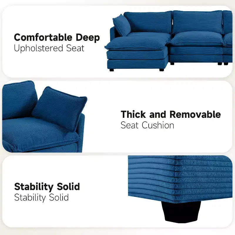 147" 6-teiliges modernes Cord-Sofa mit doppelten Ottomanen