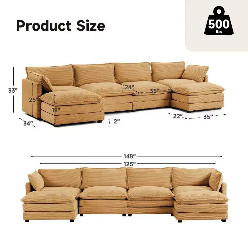 147" 6-teiliges modernes Cord-Sofa mit doppelten Ottomanen