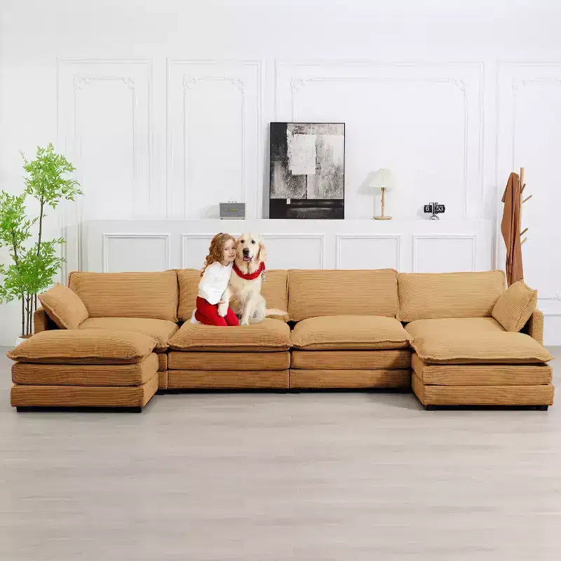 147" 6-teiliges modernes Cord-Sofa mit doppelten Ottomanen