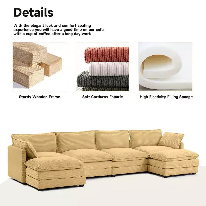 147" 6-teiliges modernes Cord-Sofa mit doppelten Ottomanen