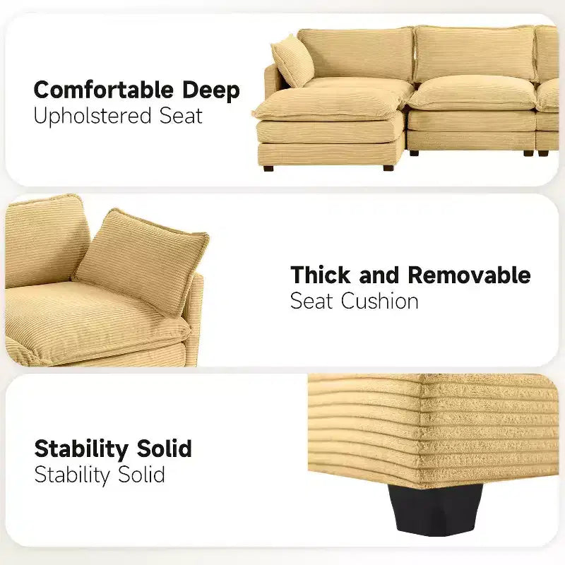 147" 6-teiliges modernes Cord-Sofa mit doppelten Ottomanen