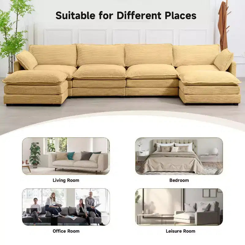 147" 6-teiliges modernes Cord-Sofa mit doppelten Ottomanen