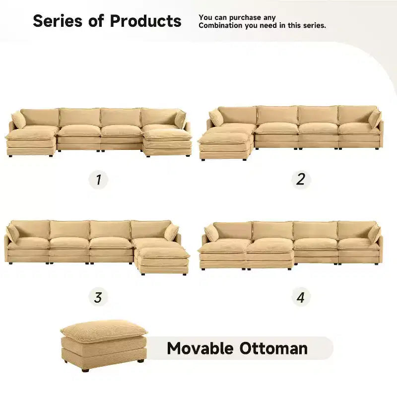 147" 6-teiliges modernes Cord-Sofa mit doppelten Ottomanen