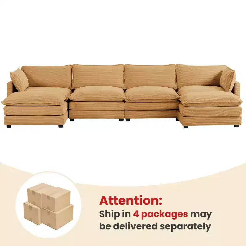 147" 6-teiliges modernes Cord-Sofa mit doppelten Ottomanen