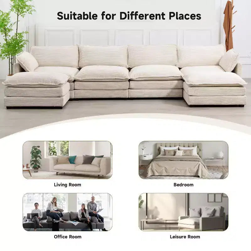 147" 6-teiliges modernes Cord-Sofa mit doppelten Ottomanen