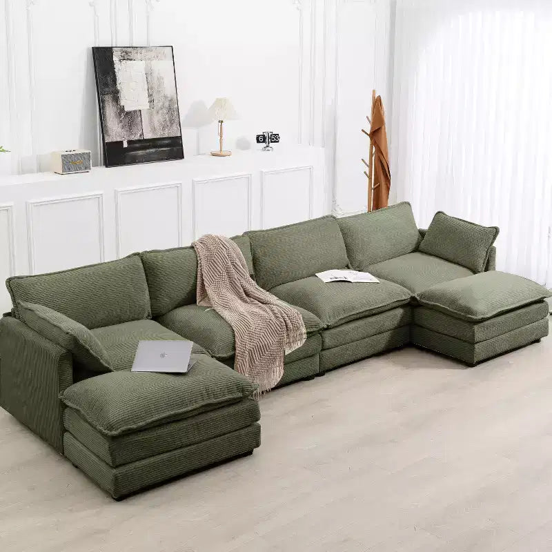 147" 6-teiliges modernes Cord-Sofa mit doppelten Ottomanen