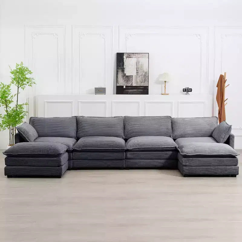 147" 6-teiliges modernes Cord-Sofa mit doppelten Ottomanen