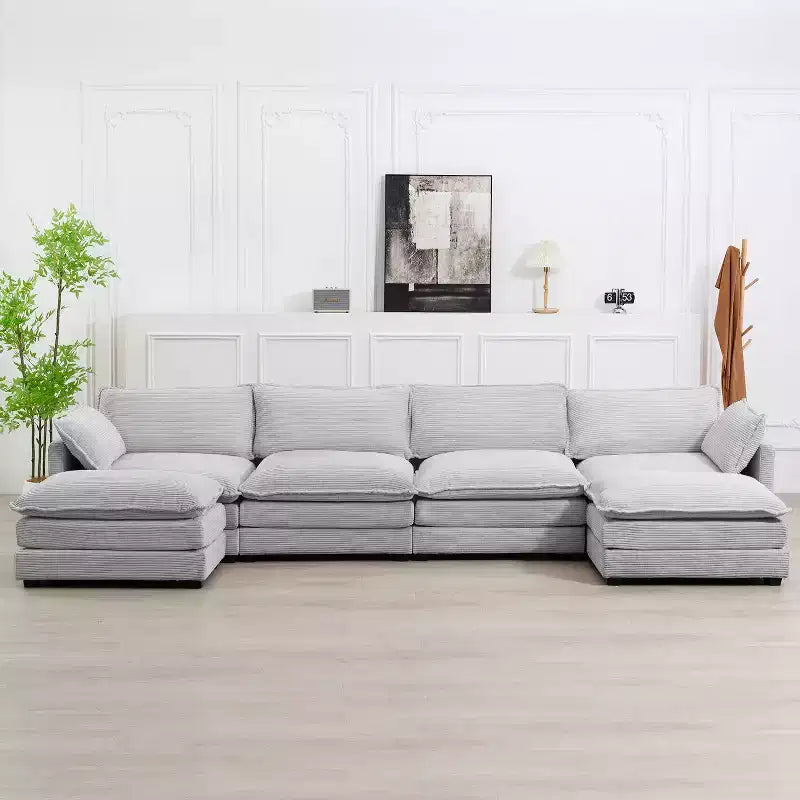 147" 6-teiliges modernes Cord-Sofa mit doppelten Ottomanen