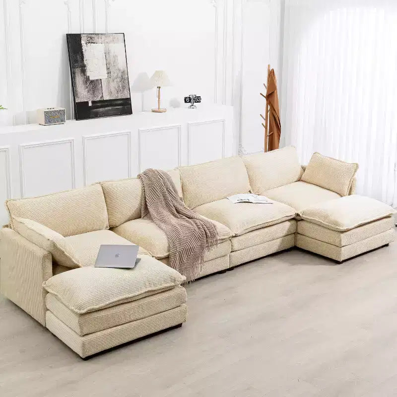 147" 6-teiliges modernes Cord-Sofa mit doppelten Ottomanen
