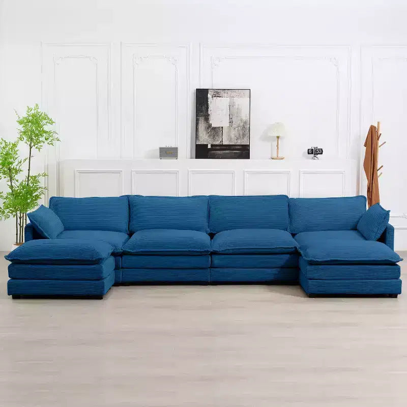 147" 6-teiliges modernes Cord-Sofa mit doppelten Ottomanen