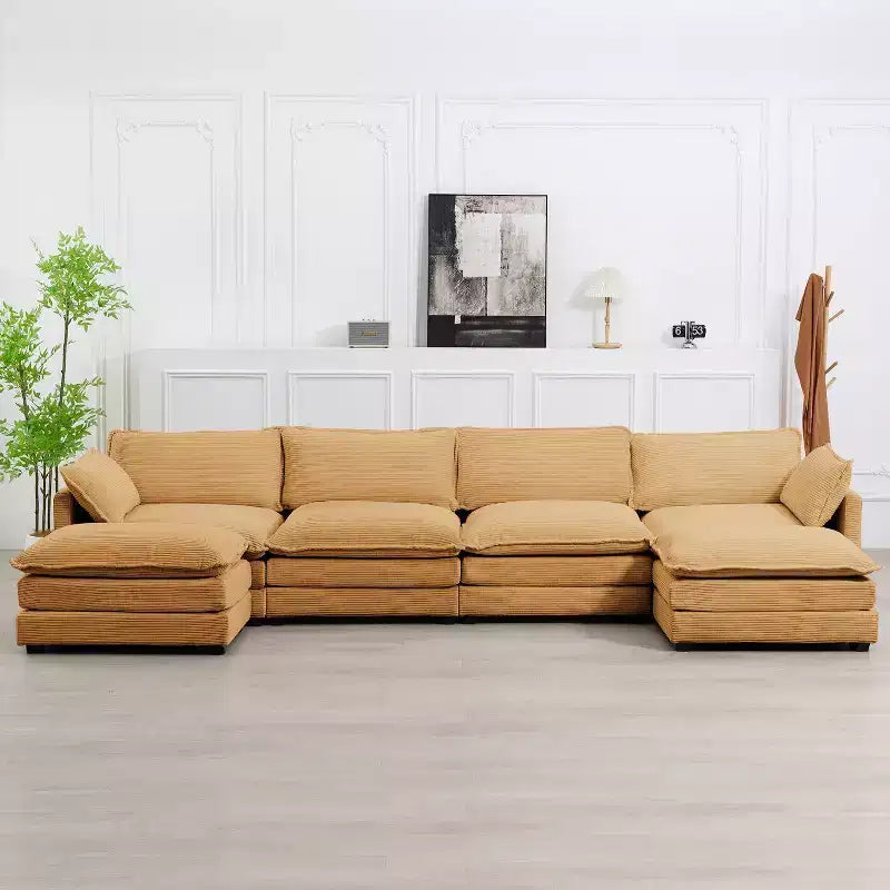 147" 6-teiliges modernes Cord-Sofa mit doppelten Ottomanen