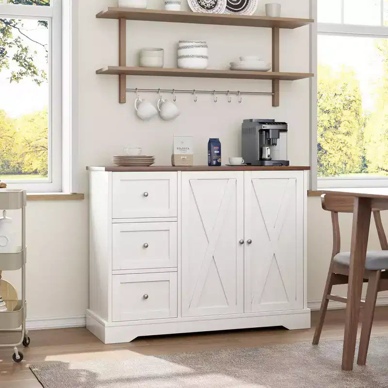 Garvee Buffet Cabinet with Storage, Coffee Bar Cabinet with 3 Drawers, Sideboard for Kitchen Dining Living Room, White