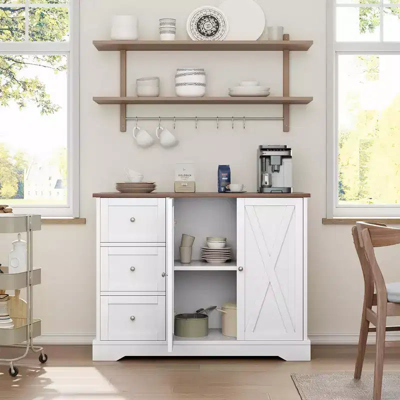 Sideboard mit Stauraum, Kaffeebar-Schrank mit 3 Schubladen für Küche und Esszimmer, Weiß