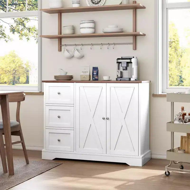 Sideboard mit Stauraum, Kaffeebar-Schrank mit 3 Schubladen für Küche und Esszimmer, Weiß