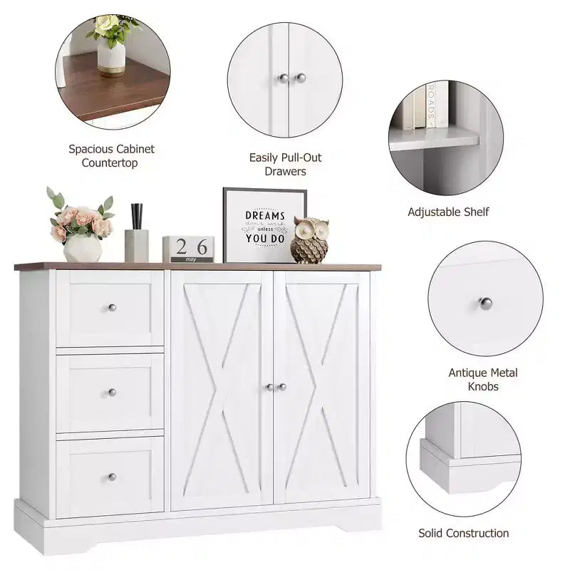Sideboard mit Stauraum, Kaffeebar-Schrank mit 3 Schubladen für Küche und Esszimmer, Weiß