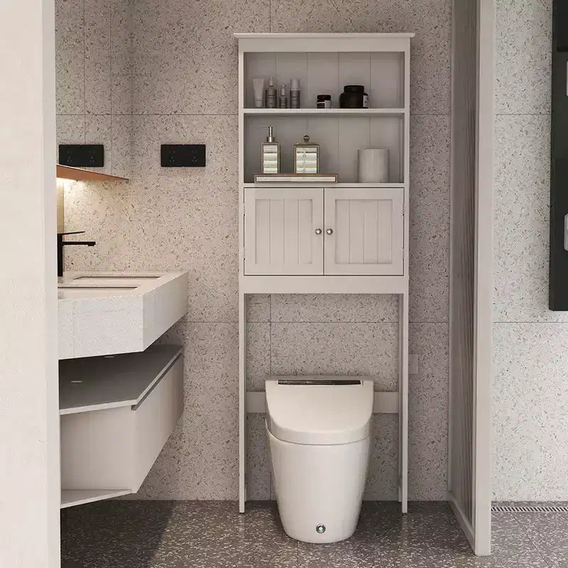 70 cm Toiletten-Schrank, 2-stöckiges Badezimmer-Raumsparregal, Badezimmer-Organizer mit offenen Regalen und Doppeltür
